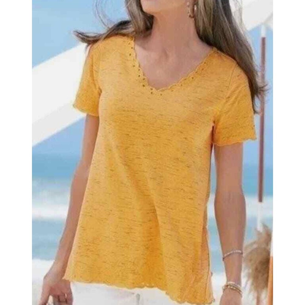 Soft Surroundings Eyelet T-shirt‎ size S Yellow Tonal Embroidered V-neck Jersey